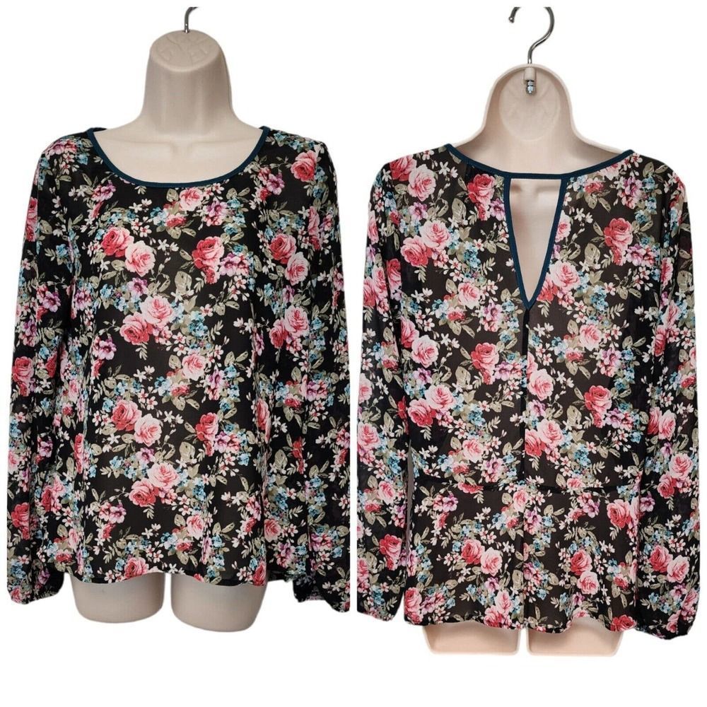 Eyelash Couture Multicolor Floral Round Neck Cutout Back Balloon Sleeve Blouse M